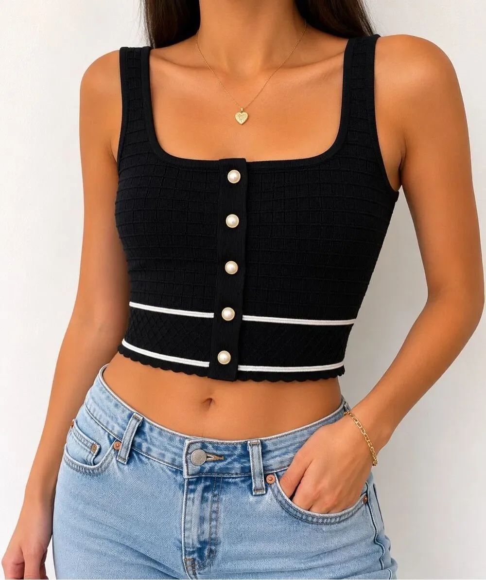 Babaton Textured Knit Crop Tank Top Small Black Pearl Button Preppy Chic